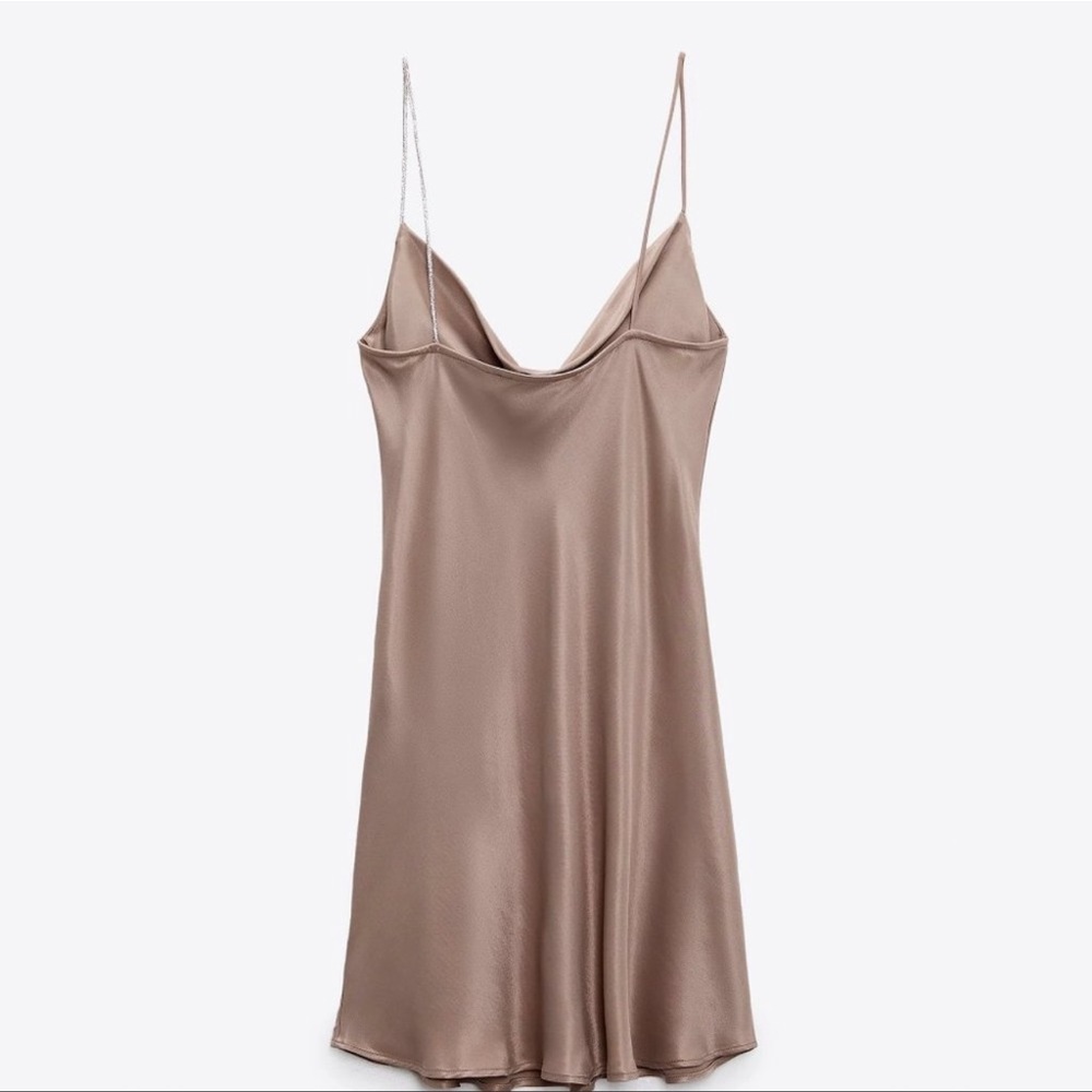 Zara Taupe Satin Rhinestone Jewel Strap Cowl Neckline Mini Slip Dress - Picture 2 of 4